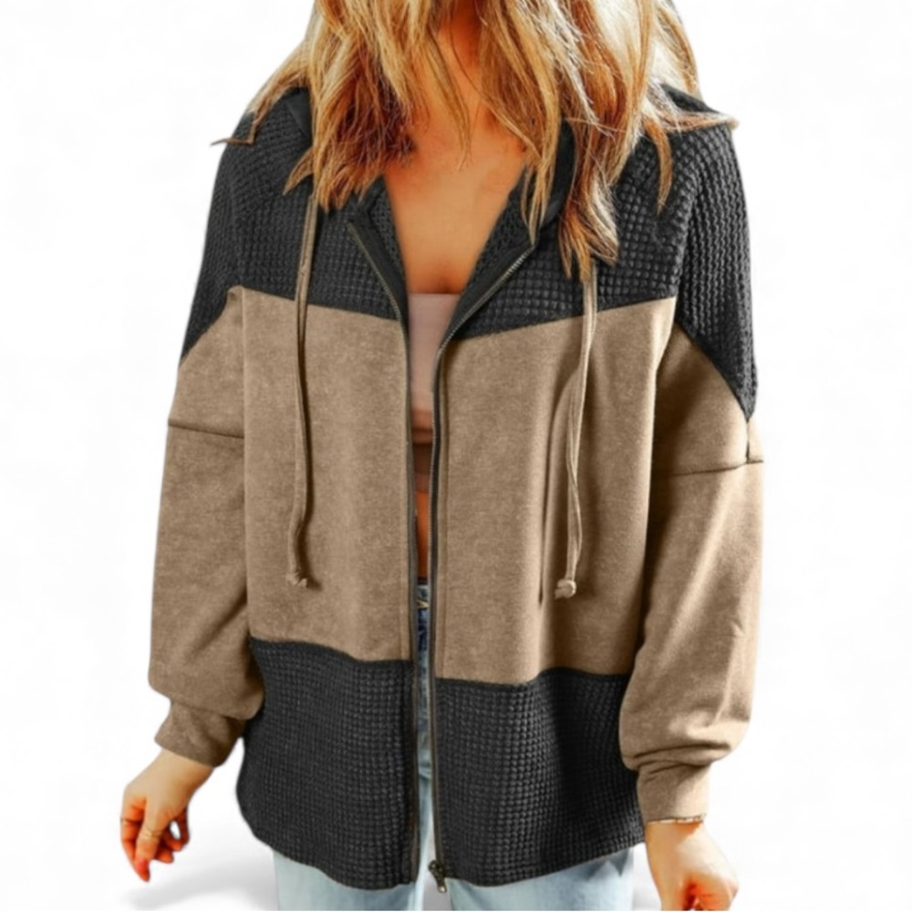 Tan & Black Boho Long Sleeve Full Zip Up Hooded Colorblock Jacket Size L - Picture 3 of 11